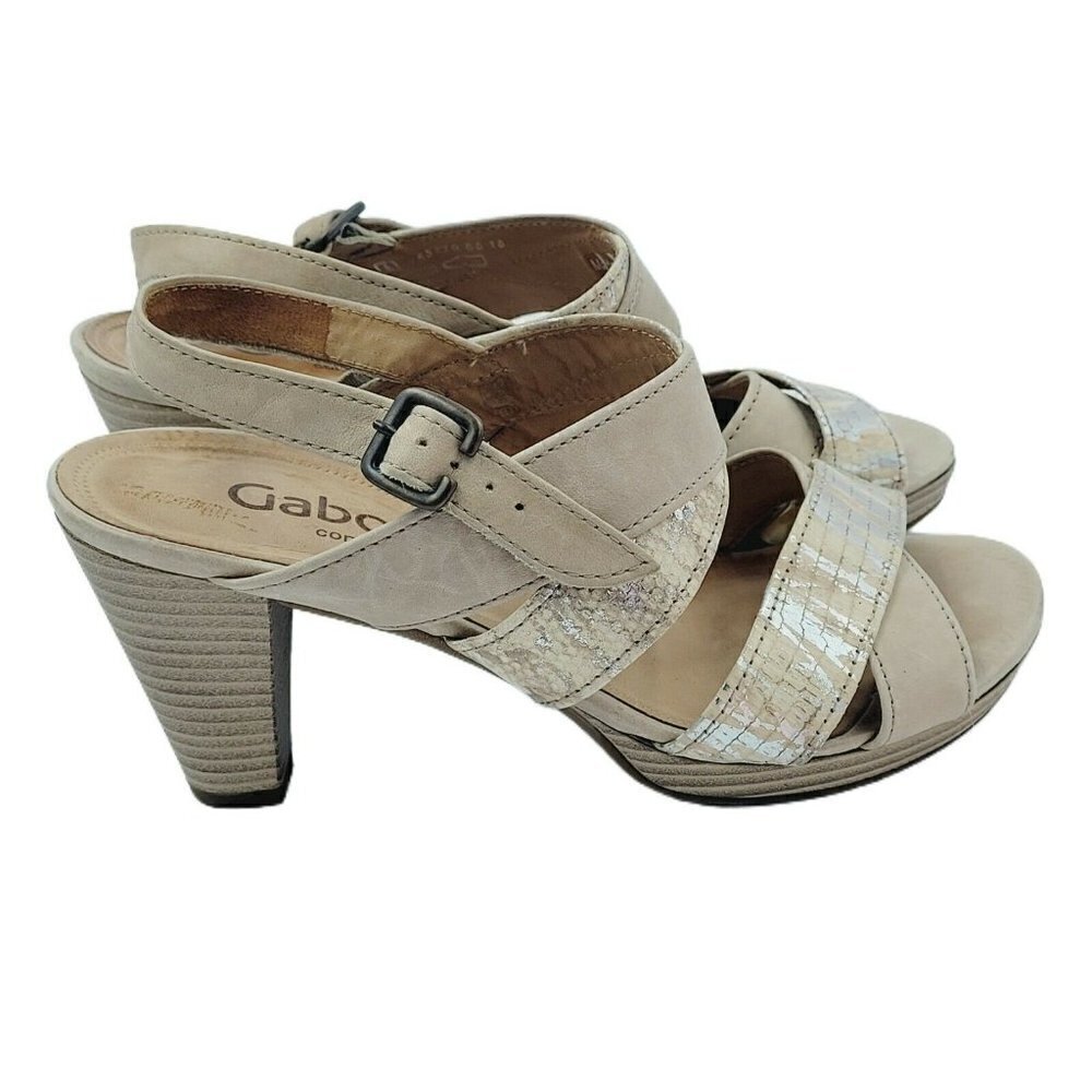 Gabor Neutral Metallic Leather & Suede Stacked Heel Sandal Size UK 4 /